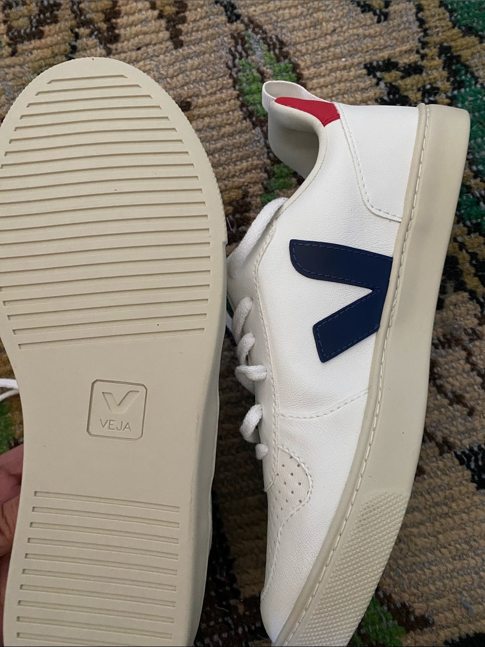 Veja White Sneakers with Navy V and Red Heel Tab - Picture 3 of 4